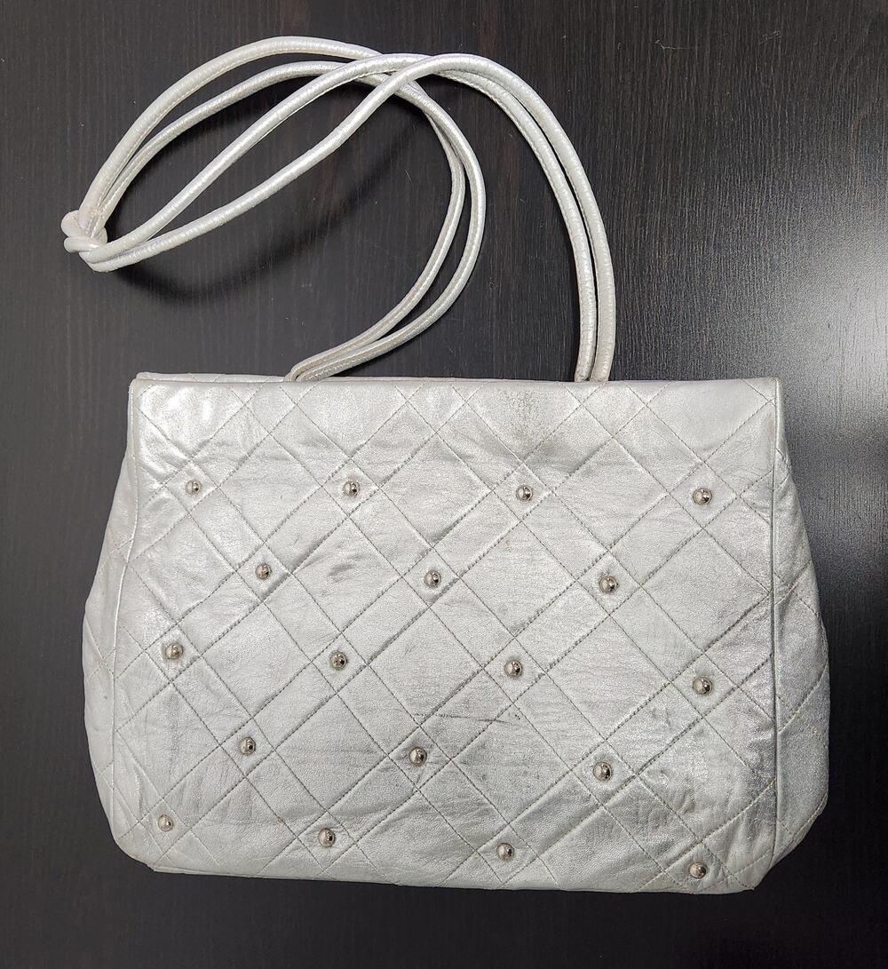 Vintage BADER Metallic Silver w Metal Studs Handbag Made in France